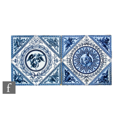 187 - Two late 19th Century Minton Hollins & Co dust pressed 8 inch tiles, each with a central roundel... 