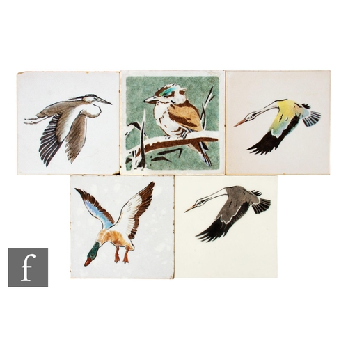 711 - A collection of five 20th Century Dunsmore 6 inch dust pressed tiles, stencilled and painted on whit... 