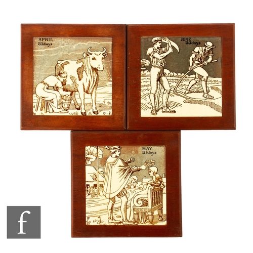 130 - A set of three 19th Century Maw & Co 6 inch dust pressed tiles from the Months of the Year serie... 