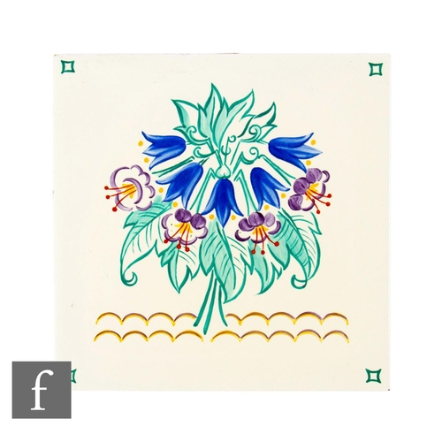 320 - A 20th Century Pilkington's 6 inch dust pressed tile, painted on glaze with composite flower head an... 