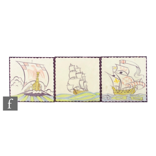 323 - Three 1950s Pilkington 6 inch dust pressed tiles, handpainted in pastel shades over white ground, de... 