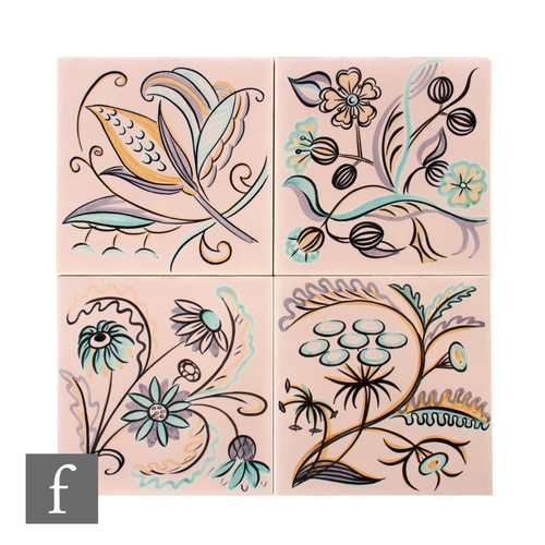 660 - Four 20th Century Carter Tiles 6 inch dust pressed tiles, from the Flora series by Phylis Butler, ha... 