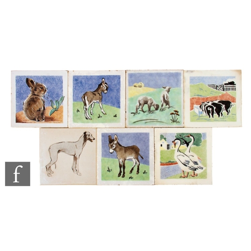 713 - A collection of 20th Century Dunsmore Tiles dust pressed 6 inch tiles, each decorated with farmyard ... 