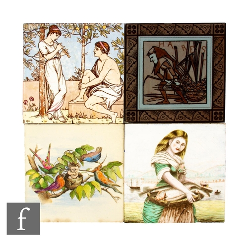 544 - Four 19th Century 6 inch tiles, printed and painted figural decoration, three dust pressed examples ... 