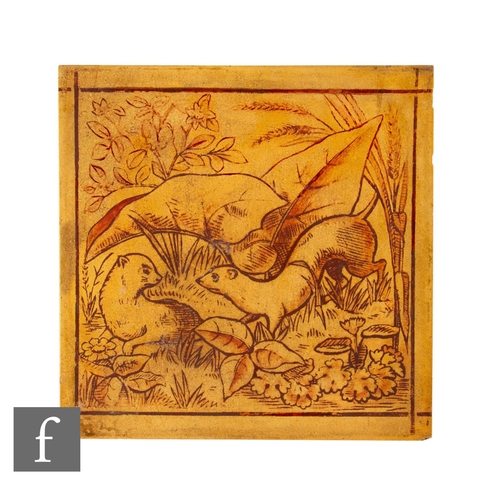 545 - A late 19th Century Cox & Son 6 inch dust pressed tile, with hand painted decoration in brown gl... 