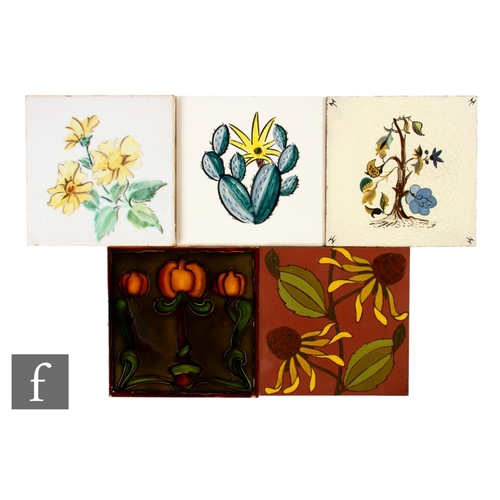 793 - A collection of five 20th Century 6 inch dust pressed floral tiles, to include a Carter Tiles exampl... 