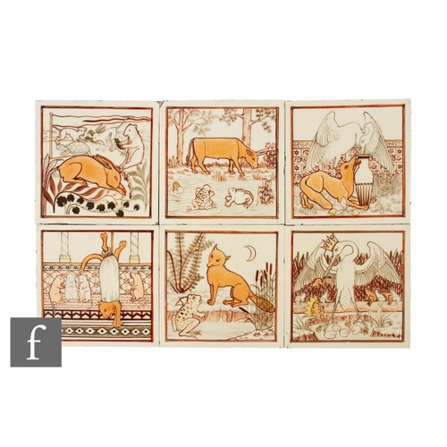 195 - A set of six Minton Hollins & Co aesthetic movement 6 inch dust pressed tiles, Aesop's Fables, d... 