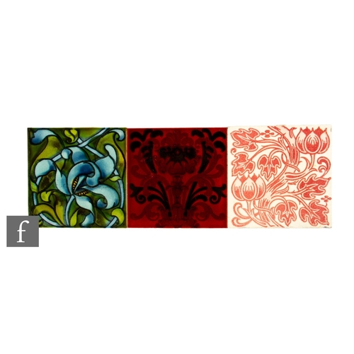 324 - Three 20th Century assorted Pilkington's 6 inch dust pressed tiles, to include a stylised red floral... 