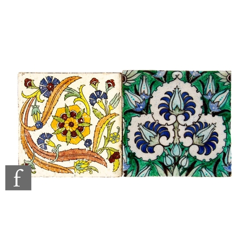 551 - Two 19th Century Anglo-Persian 6 inch plastic clay tiles, including a hand painted tile, blue and gr... 