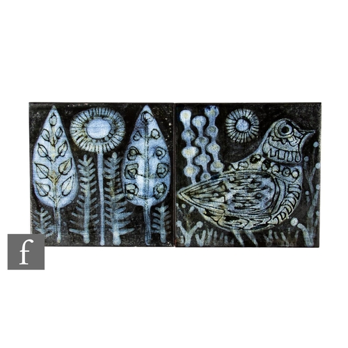 668 - A pair of 20th Century Carter Tiles 6 inch dust pressed tiles, Delphis Studio decoration, Aegean sty... 