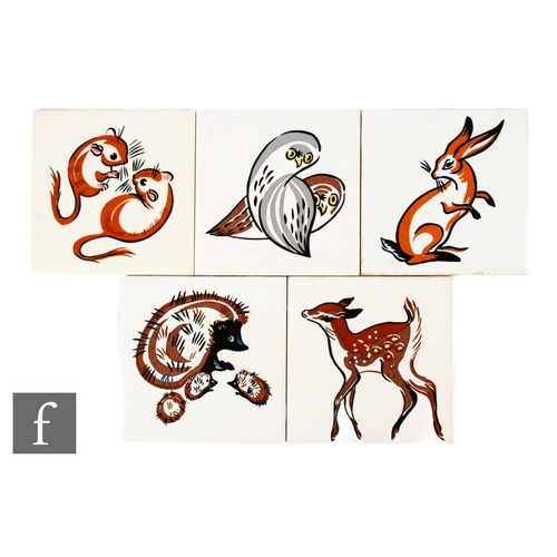 670 - A collection of six Carter Tiles (Poole Pottery) dust pressed 6 inch tiles, from the Fauna series by... 