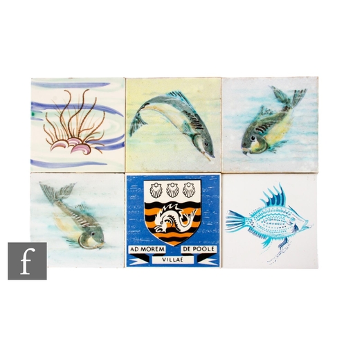 716 - Three 20th Century Dunsmore Tiles dust pressed 6 inch tiles, each handpainted under pitted glaze wit... 