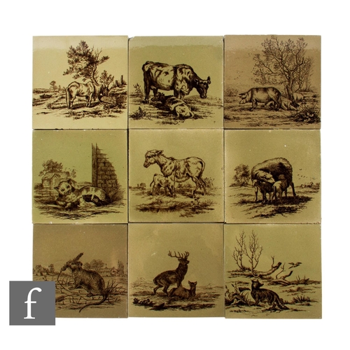 46 - A collection of Craven Dunnill & Co dust pressed 6 inch tiles, each decorated with farm animals ... 