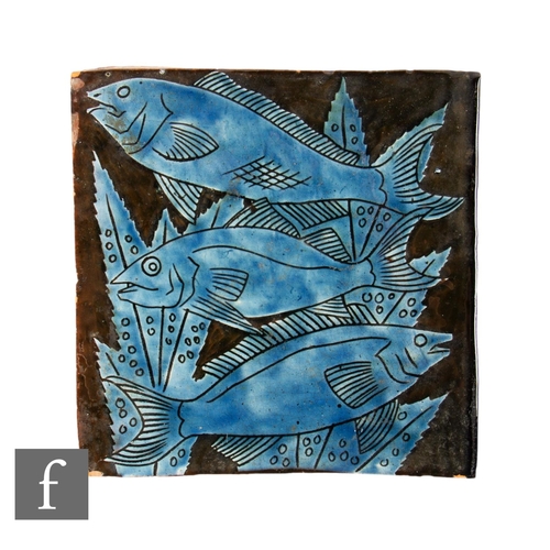 553 - A later 19th Century C.H. Brannam Ltd 6 inch earthenware tile, with scratched decoration of three st... 