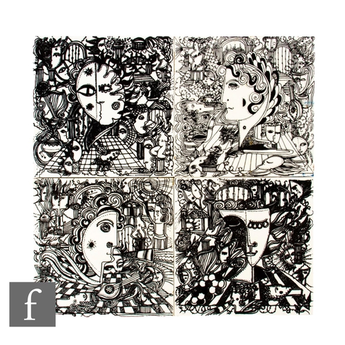 672 - Four 20th Century Carter Tiles 6 inch dust pressed tiles, circa 1960s, from the Mask series, screen ... 