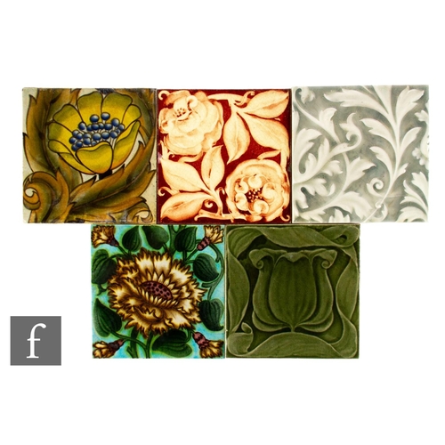 134 - A collection of five early 20th Century assorted Maw & Co 6 inch dust pressed tiles, to include ... 