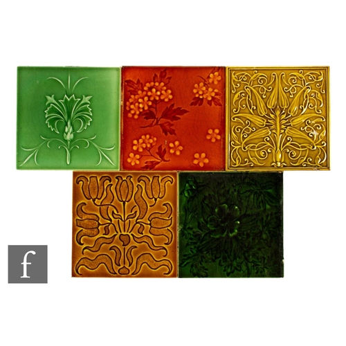 327 - Five 19th Century Pilkington's Tiles 6 inch dust pressed tiles, embossed and printed floral designs,... 