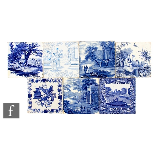 561 - A collection of 19th Century dust pressed 6 inch tiles, all transfer printed in blue on white, mostl... 