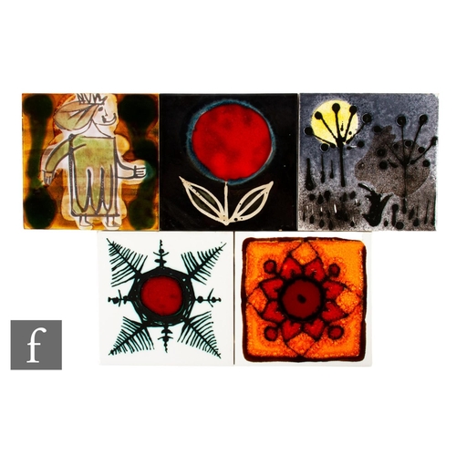 701 - Five 20th Century 6 inch dust pressed tiles, including H & R Johnson abstract tiles, decorated b... 