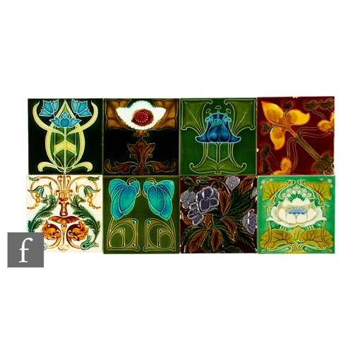 562 - Eight 19th Century 6 inch dust pressed embossed and faux tube lined Art Nouveau floral tiles to incl... 