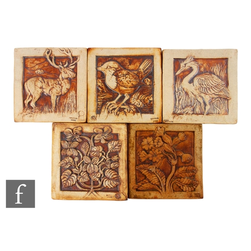 806 - Five 20th Century Quantock Design studio pottery 6 inch stoneware tiles, all with relief moulded dec... 