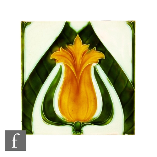 332 - A 19th Century Pilkington's Tile 6 inch dust pressed tile, yellow and green tonal glaze over white g... 