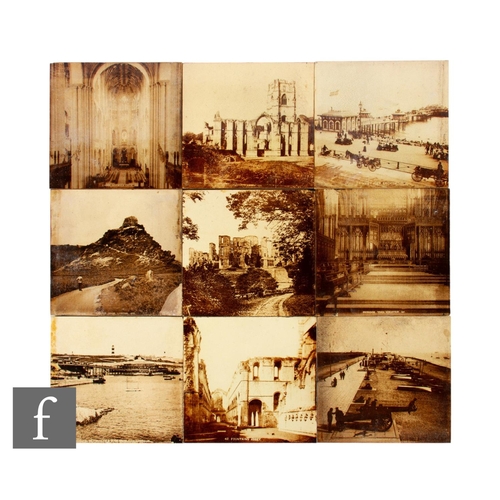 567 - A collection of nine 19th Century 6 inch dust pressed tiles, sepia printed with photographic landmar... 