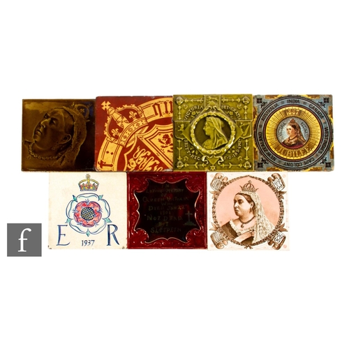 569 - A collection of seven 19th Century 6 inch dust pressed commemorative tiles, including a Maw & Co... 