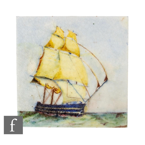 809 - An early 20th Century 6 inch dust pressed tile, hand painted with a galleon in full sail, unknown ma... 