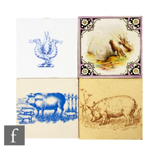 579 - Four 19th Century 6 inch dust pressed tiles, two printed with pigs and piglets in brown and blue ove... 