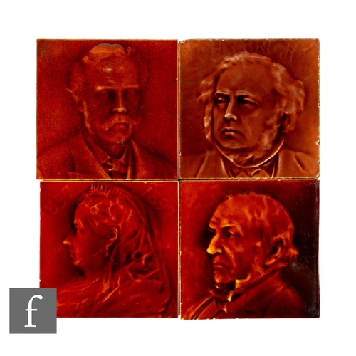 580 - Four 19th Century J C Edwards Ruabon 6 inch dust pressed portrait tiles, relief moulded and sepia gl... 