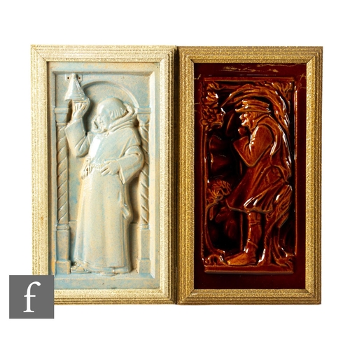 585 - A late 19th Century plastic clay tile panel, modelled in high relief with an image of a monk in a ha... 