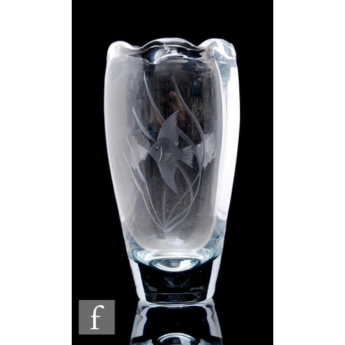 611 - A post war glass vase designed by Geoffrey Baxter Whitefriars of sleeve form with wave rim, the clea... 