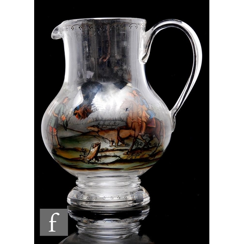 182 - A 19th Century continental clear crystal glass jug of footed shouldered ovoid form with tall collar ... 