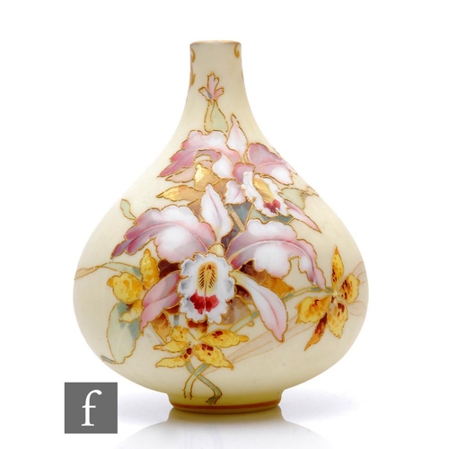 175 - A late 19th Century American Mt Washington Glass Co. Crown Milano satin glass vase of onion form, de... 