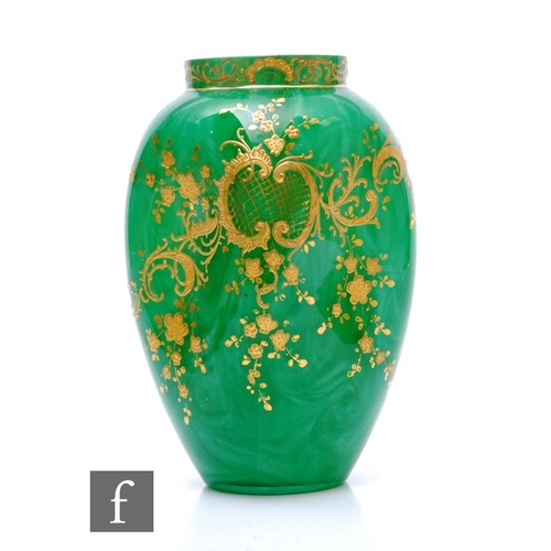 186 - An early 20th Loetz marmorierte malachite vase of dimpled ovoid form with collar, decorated with too... 