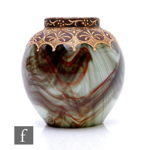 189 - A late 19th Century Loetz marmorierte onyx enamelled vase spherical form with collared rim, enamelle... 