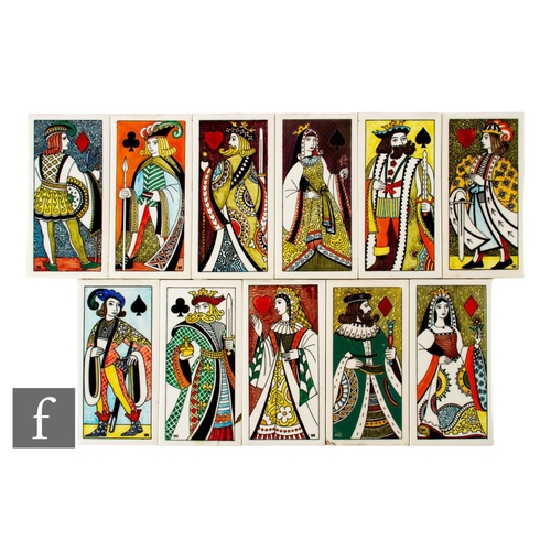 642 - A collection of post war Carter dust pressed tiles, printed and painted with stylised playing card f... 