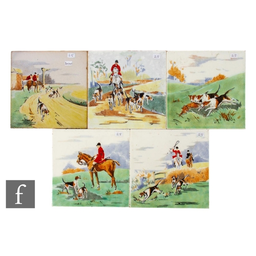 734 - Fourteen 20th Century Minton 6 inch dust pressed tiles, each hand painted over stenciled decoration ... 