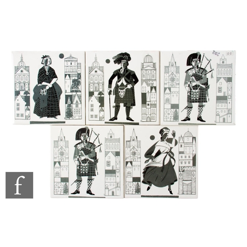 816 - A collection of five 20th Century H & R Johnson Ltd 6 inch dust pressed tiles, printed in black ... 