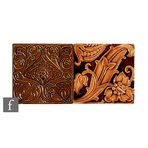 68 - Two 19th Century Doulton Patents Back 6 inch dust pressed tiles, brown majolica glaze, embossed and ... 