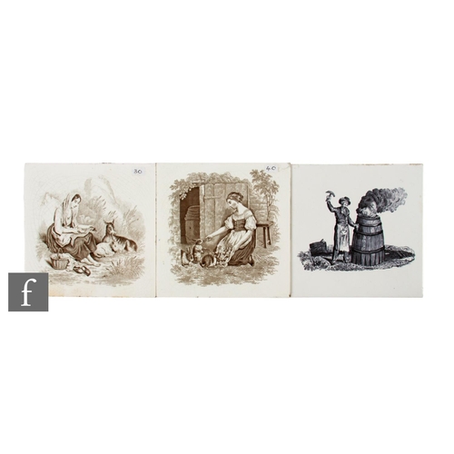 819 - Two Minton's dust pressed 6 inch tiles, each transfer printed in brown underglaze with scenes depict... 