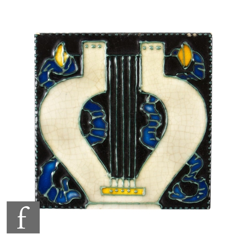 342 - A Pilkington's dust pressed 4 inch tile circa 1931, the dark blue ground with an off white lyre outl... 