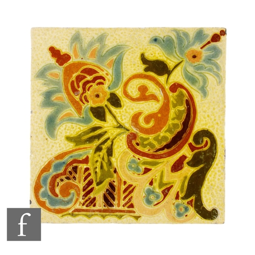 822 - An Alex Lander 6 inch dust pressed tile, with faux tube line stylised floral and scroll decoration i... 