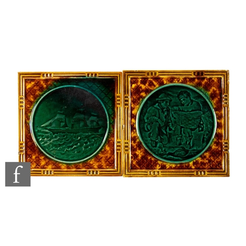 827 - Two 19th Century 6 inch dust pressed majolica tiles, jade green Emaux Ombrant circular panels, one d... 