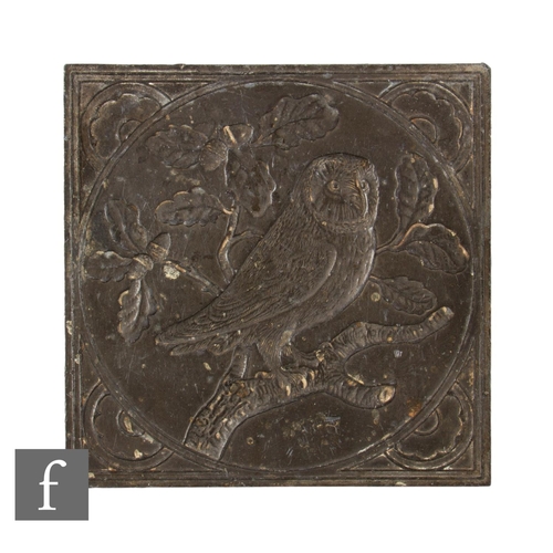 595 - A lead mould for a 6 inch tile, probably Broseley Tiles, depicting an owl seated in the branch of a ... 