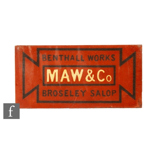 150 - A 19th Century Maw & Co encaustic advertising tile, in red/brown clay with 'Maw & Co Benthal... 