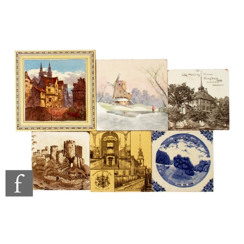 596 - A collection of six assorted dust pressed tiles, each with a landscape scene, mostly 6 inch, some fo... 