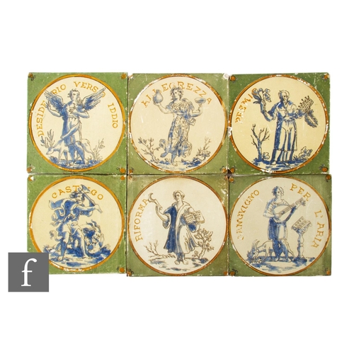 599 - A collection of six 19th Century 5 inch dust pressed tiles, probably decorated by Barrowclough &... 