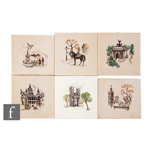 831 - A set of five 20th Century Woolliscroft 6 inch dust pressed tiles, painted by Rosemary Graybrook for... 